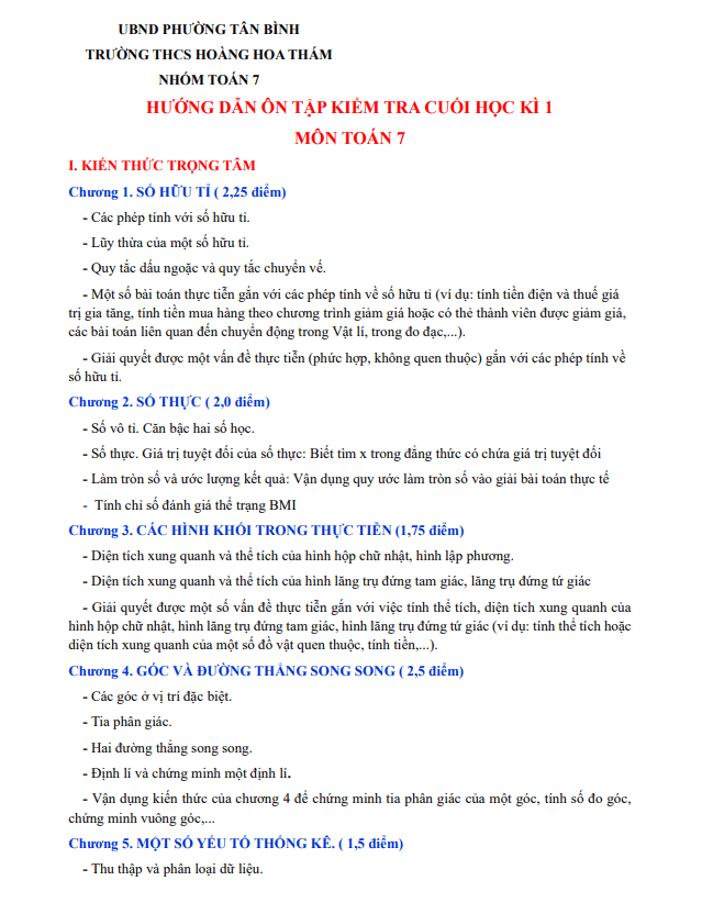 ôn tập cuối học kì 1 toán 7 năm 2025 – 2026 trường thcs hoàng hoa thám – tp hcm