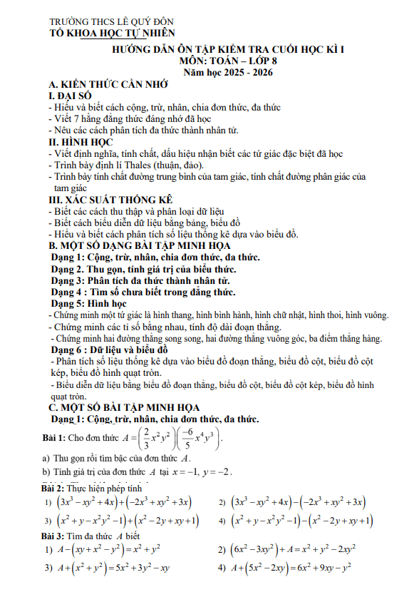 ôn tập cuối học kì 1 toán 8 năm 2025 – 2026 trường thcs lê quý đôn – phú thọ