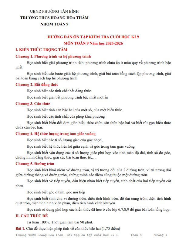 Tài liệu ôn tập cuối học kì 1 toán 9 năm 2025 – 2026 trường thcs hoàng hoa thám – tp hcm