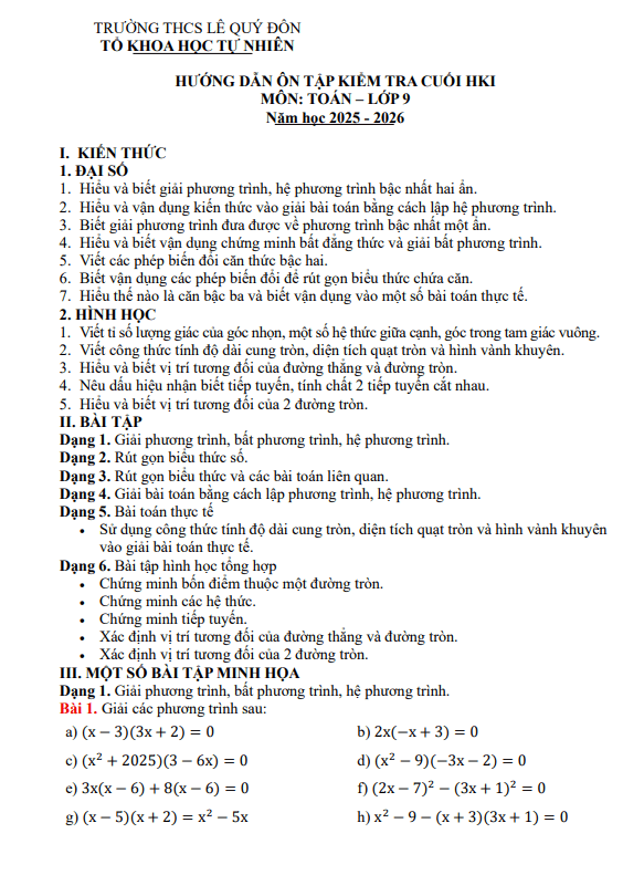 Tài liệu ôn tập cuối học kì 1 toán 9 năm 2025 – 2026 trường thcs lê quý đôn – phú thọ