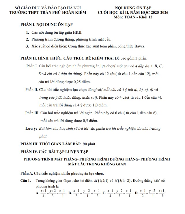 ôn tập cuối học kì 2 toán 12 năm 2025 – 2026 trường thpt trần phú – hà nội