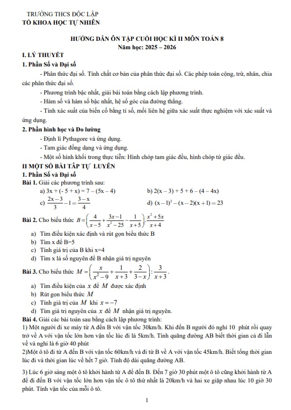 Tài liệu ôn tập cuối học kì 2 toán 8 năm 2025 – 2026 trường thcs độc lập – thái nguyên