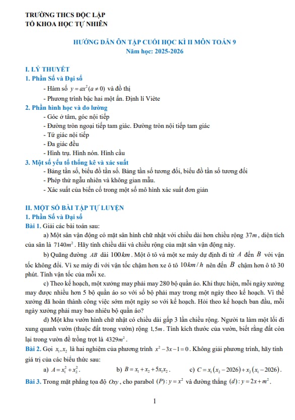 Tài liệu ôn tập cuối học kì 2 toán 9 năm 2025 – 2026 trường thcs độc lập – thái nguyên