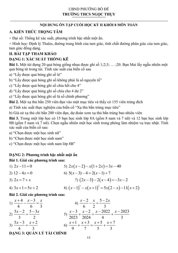 ôn tập cuối học kỳ 2 toán 8 năm 2025 – 2026 trường thcs ngọc thụy – hà nội