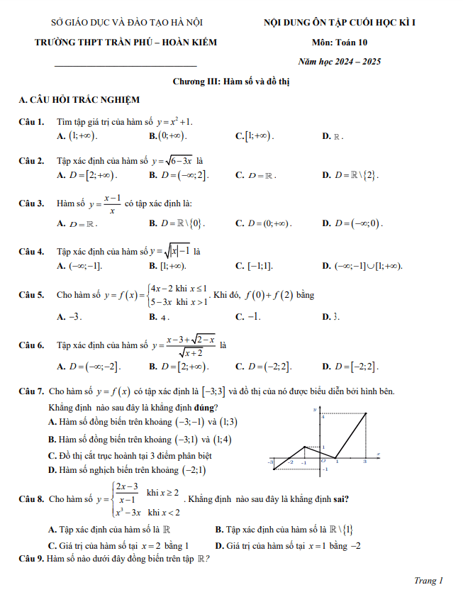 ôn tập cuối kì 1 toán 10 năm 2024 – 2025 trường thpt trần phú – hà nội