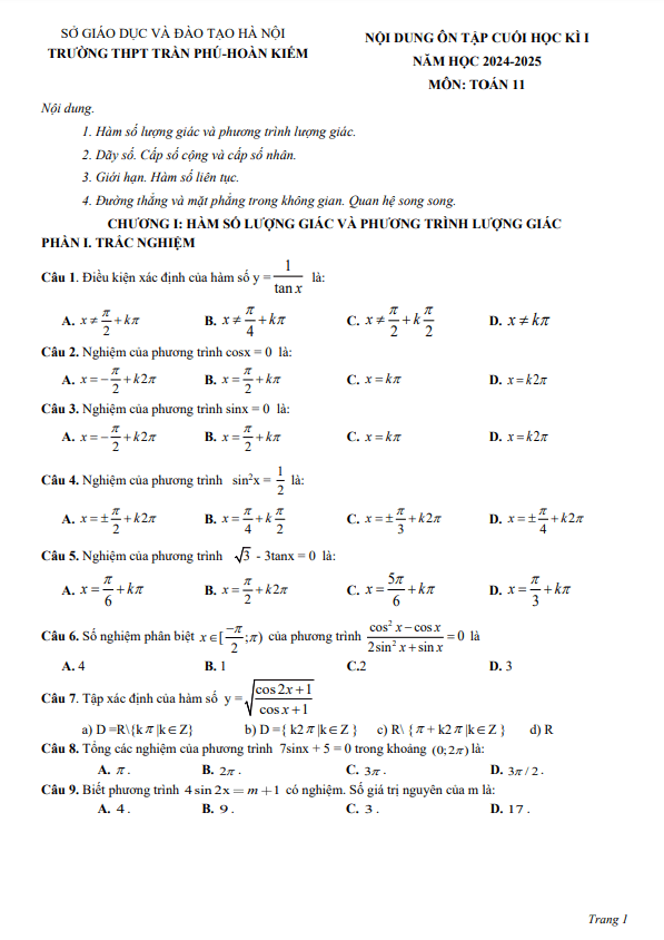 ôn tập cuối kì 1 toán 11 năm 2024 – 2025 trường thpt trần phú – hà nội