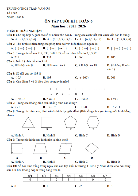 Tài liệu ôn tập cuối kì 1 toán 6 năm 2025 – 2026 trường thcs trần văn ơn – tp hcm