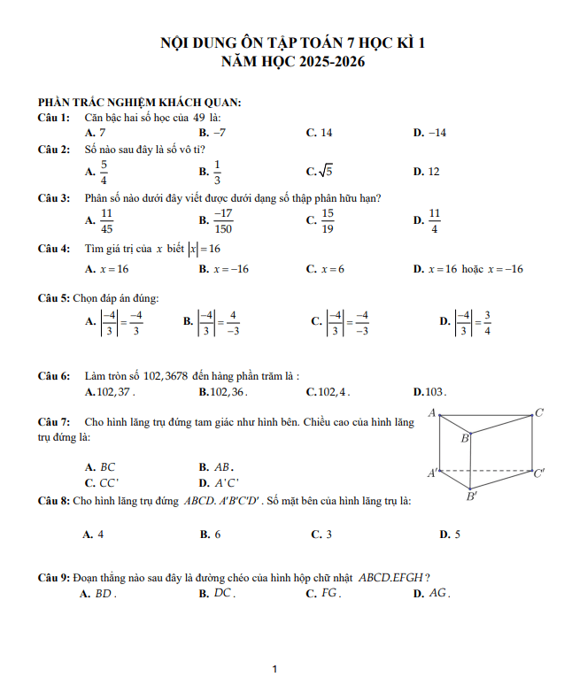 Tài liệu ôn tập cuối kì 1 toán 7 năm 2025 – 2026 trường thcs trần văn ơn – tp hcm