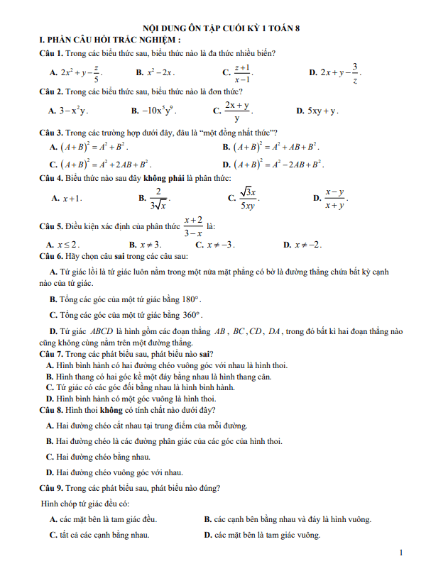 Tài liệu ôn tập cuối kì 1 toán 8 năm 2025 – 2026 trường thcs trần văn ơn – tp hcm
