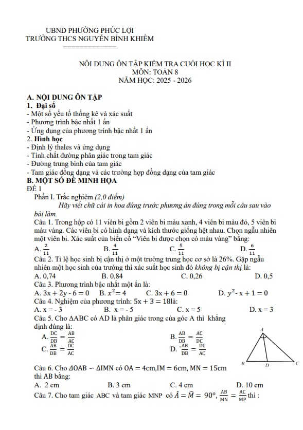 ôn tập cuối kì 2 toán 8 năm 2025 – 2026 trường thcs nguyễn bỉnh khiêm – hà nội