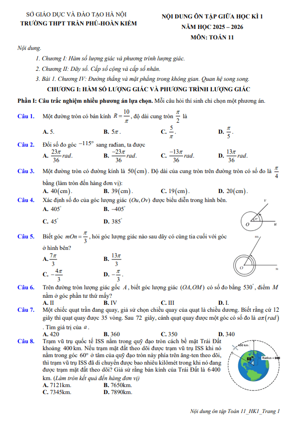 ôn tập giữa học kì 1 toán 11 năm 2025 – 2026 trường thpt trần phú – hà nội