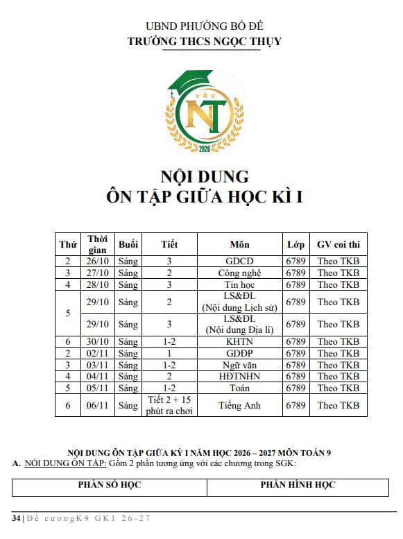 ôn tập giữa học kì 1 toán 9 năm 2026 – 2027 trường thcs ngọc thụy – hà nội