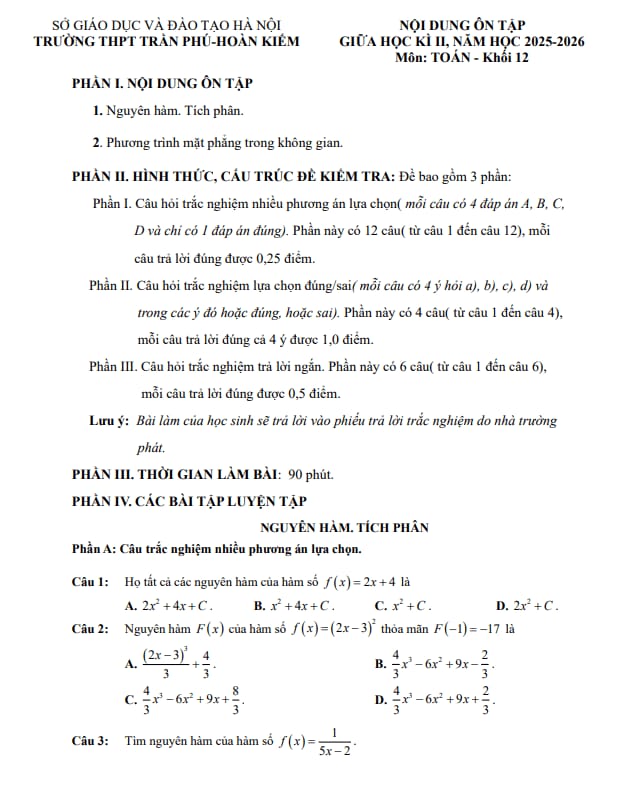 ôn tập giữa học kì 2 toán 12 năm 2025 – 2026 trường thpt trần phú – hà nội