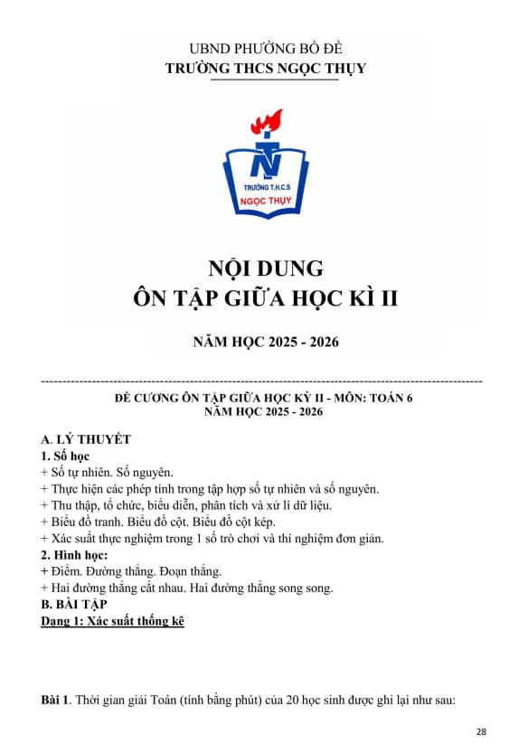ôn tập giữa học kì 2 toán 6 năm 2025 – 2026 trường thcs ngọc thụy – hà nội