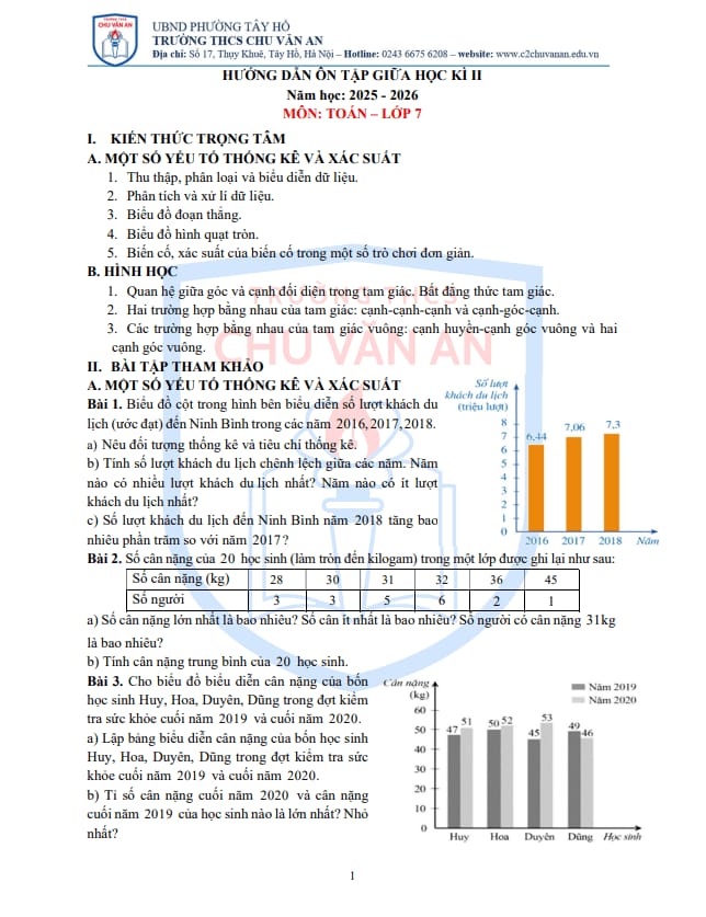 ôn tập giữa học kì 2 toán 7 năm 2025 – 2026 trường thcs chu văn an – hà nội