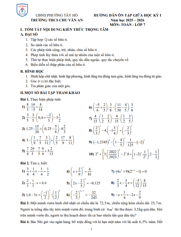 ôn tập giữa học kỳ 1 toán 7 năm 2025 – 2026 trường thcs chu văn an – hà nội