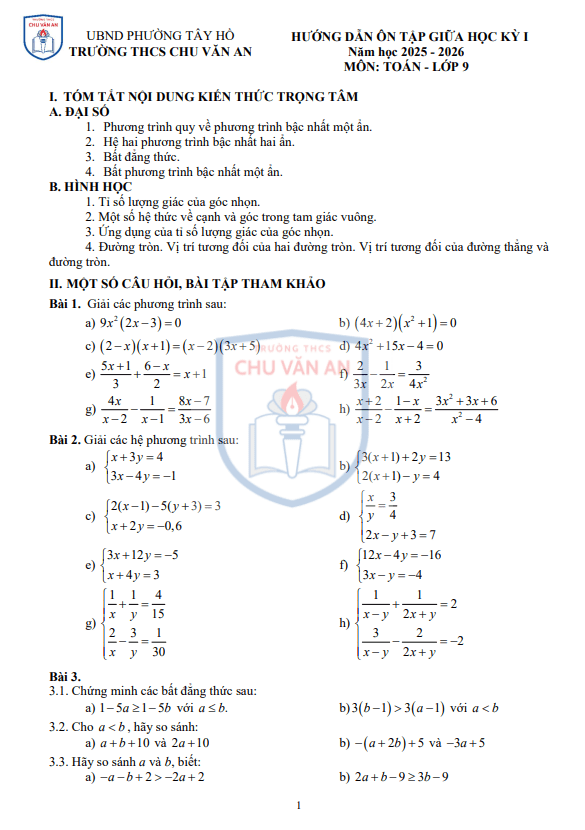 ôn tập giữa học kỳ 1 toán 9 năm 2025 – 2026 trường thcs chu văn an – hà nội