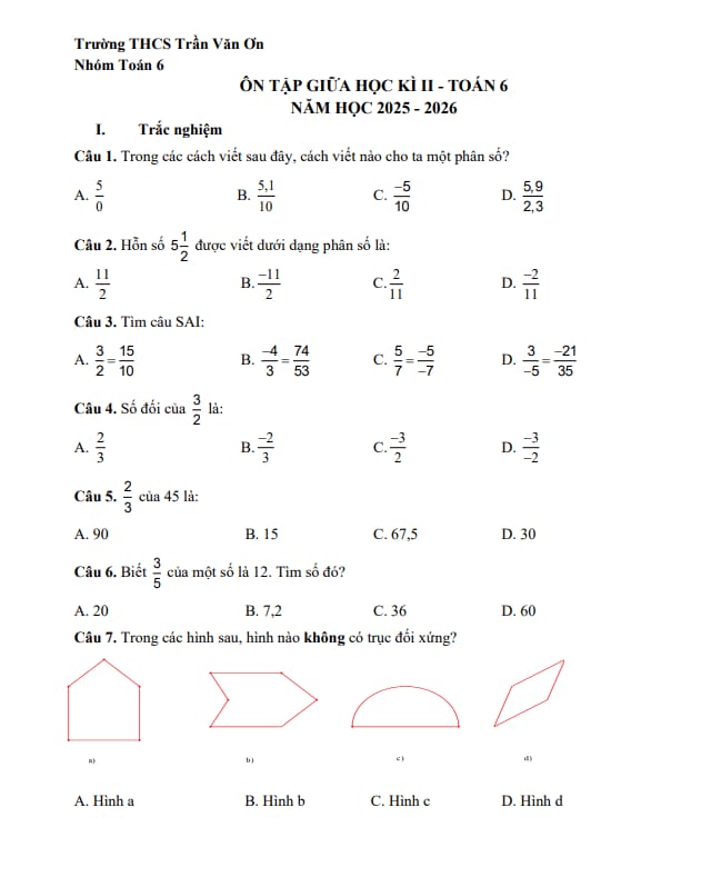 ôn tập giữa kì 2 toán 6 năm 2025 – 2026 trường thcs trần văn ơn – tp hcm