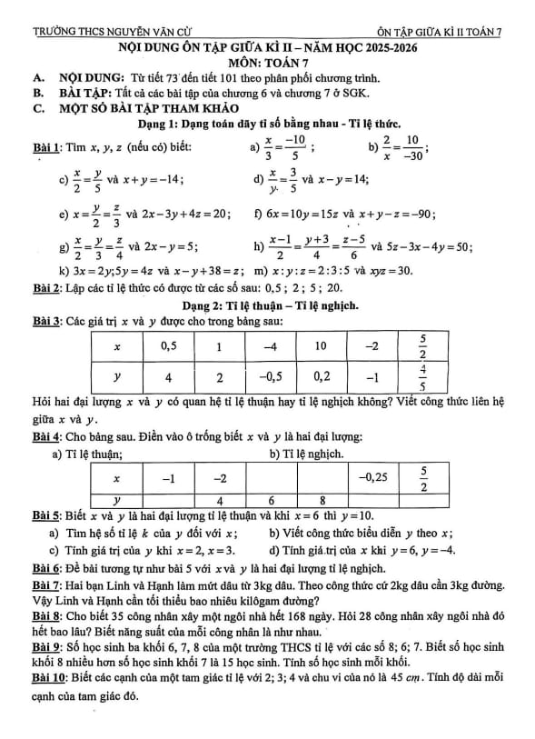 ôn tập giữa kì 2 toán 7 năm 2025 – 2026 trường thcs nguyễn văn cừ – đà nẵng