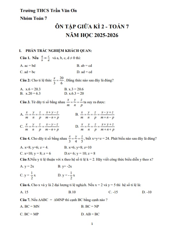 ôn tập giữa kì 2 toán 7 năm 2025 – 2026 trường thcs trần văn ơn – tp hcm