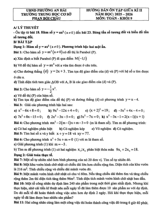 ôn tập giữa kì 2 toán 9 năm 2025 – 2026 trường thcs phan bội châu – đà nẵng