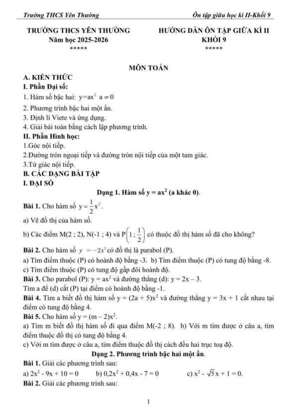 ôn tập giữa kì 2 toán 9 năm 2025 – 2026 trường thcs yên thường – hà nội