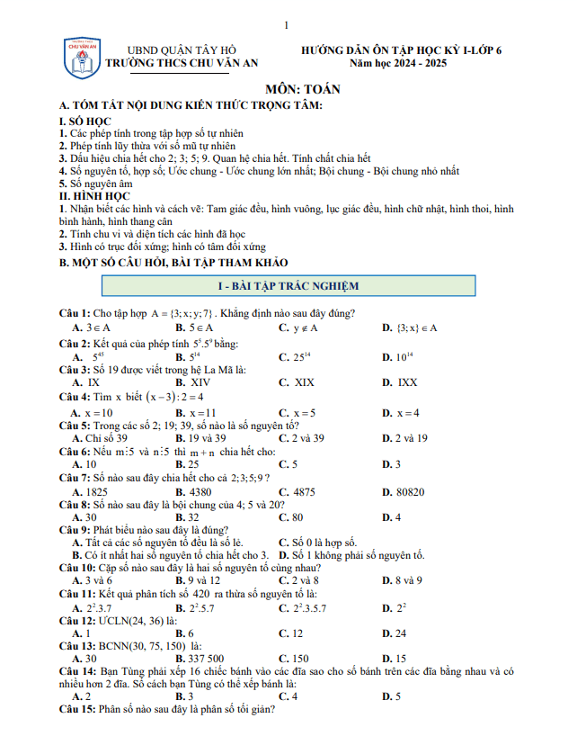 ôn tập học kỳ 1 toán 6 năm 2024 – 2025 trường thcs chu văn an – hà nội