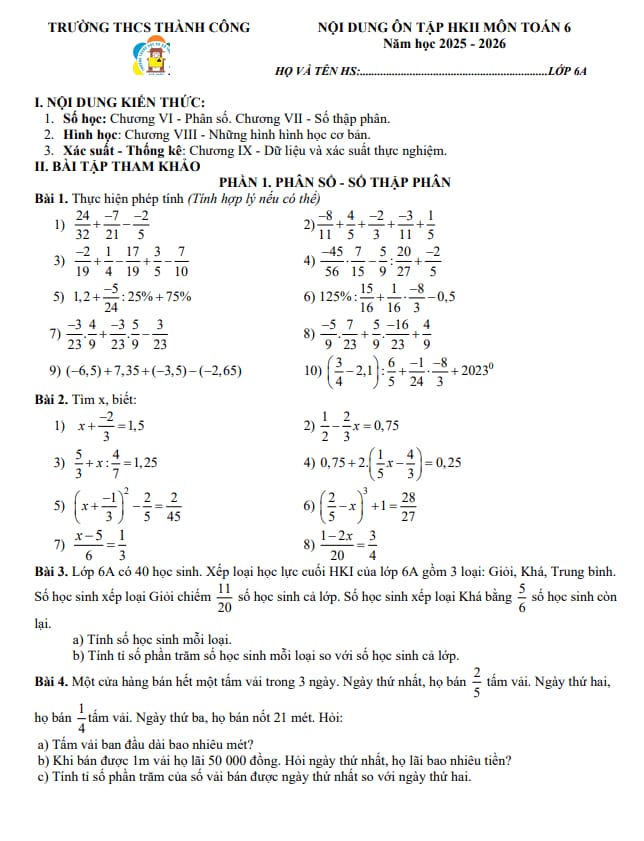 ôn tập học kỳ 2 toán 6 năm 2025 – 2026 trường thcs thành công – hà nội