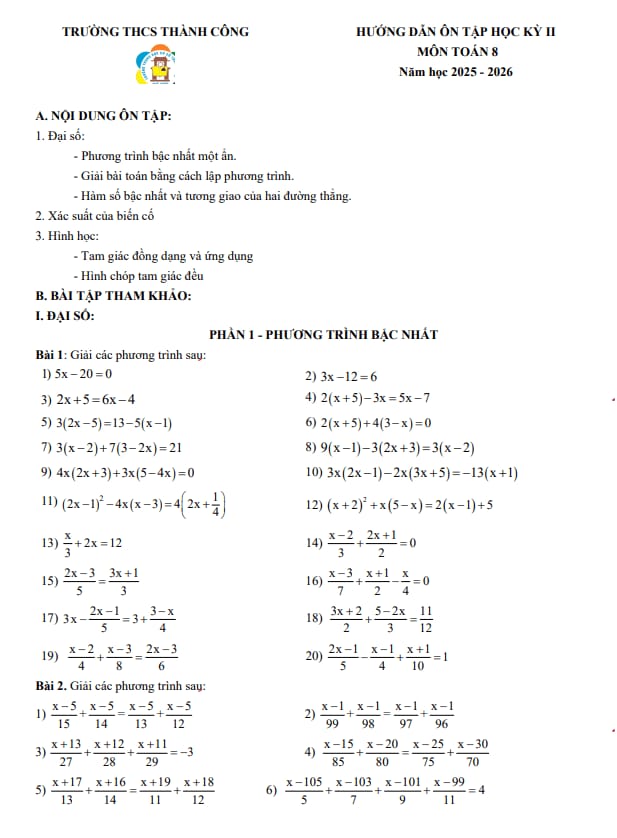 ôn tập học kỳ 2 toán 8 năm 2025 – 2026 trường thcs thành công – hà nội
