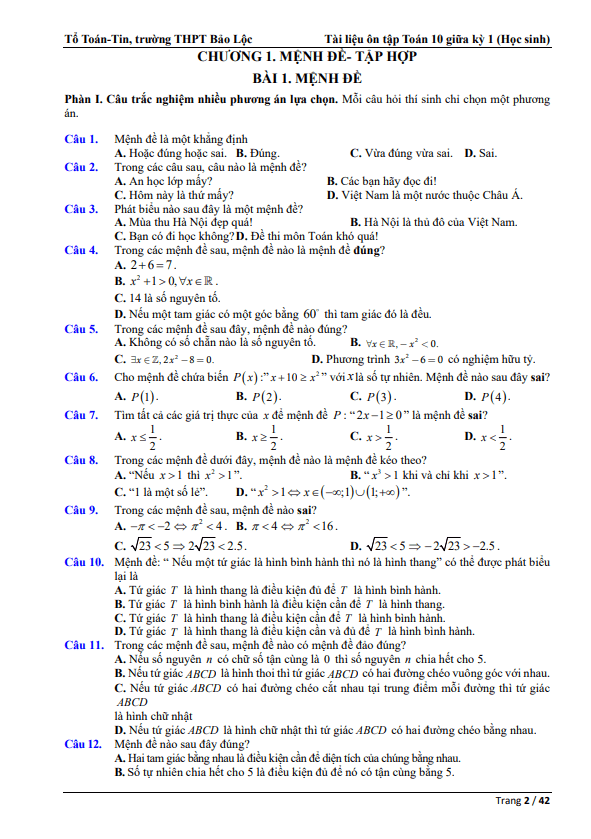 ôn tập toán 10 giữa kỳ 1 năm 2025 – 2026 trường thpt bảo lộc – lâm đồng