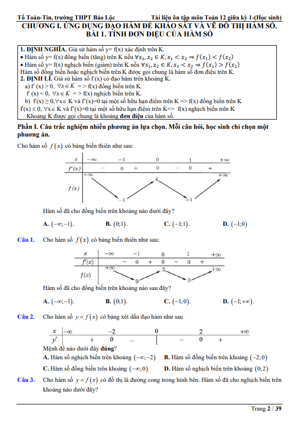 ôn tập toán 12 giữa kỳ 1 năm 2025 – 2026 trường thpt bảo lộc – lâm đồng