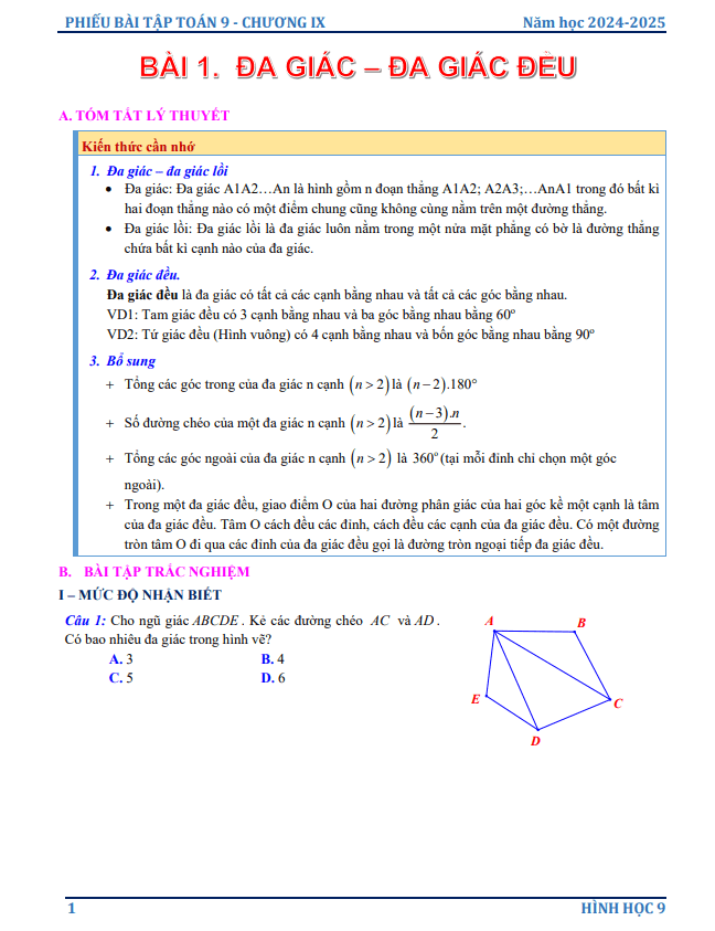 phiếu bài tập toán 9 chương đa giác đều