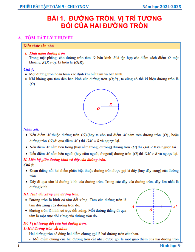 phiếu bài tập toán 9 chương đường tròn