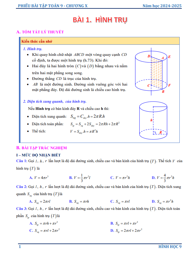 phiếu bài tập toán 9 chương hình học trực quan