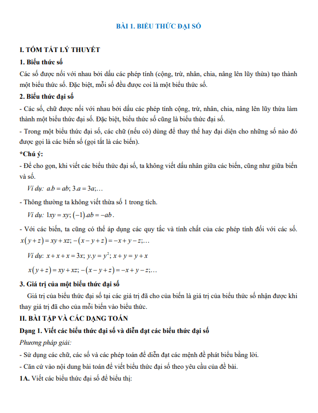 tóm tắt lý thuyết và các dạng bài tập biểu thức đại số và đa thức một biến toán 7