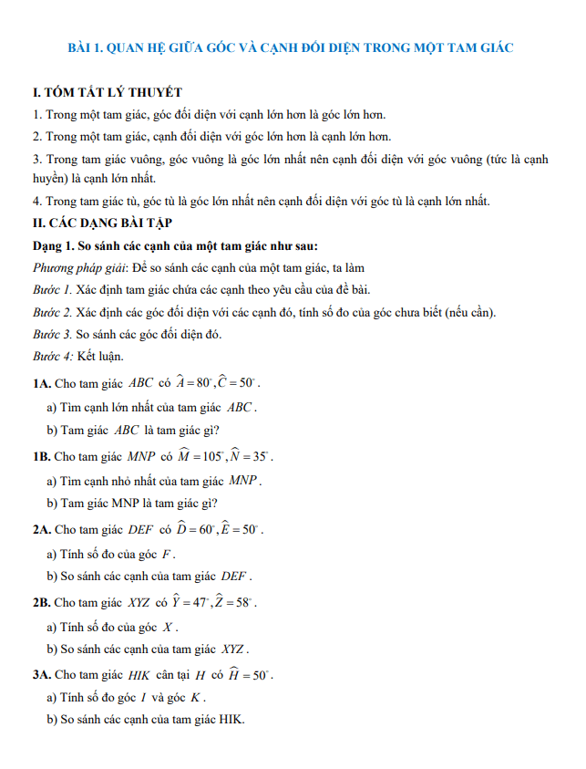 tóm tắt lý thuyết và các dạng bài tập quan hệ giữa các yếu tố trong một tam giác