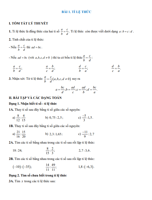 tóm tắt lý thuyết và các dạng bài tập tỉ lệ thức và đại lượng tỉ lệ toán 7
