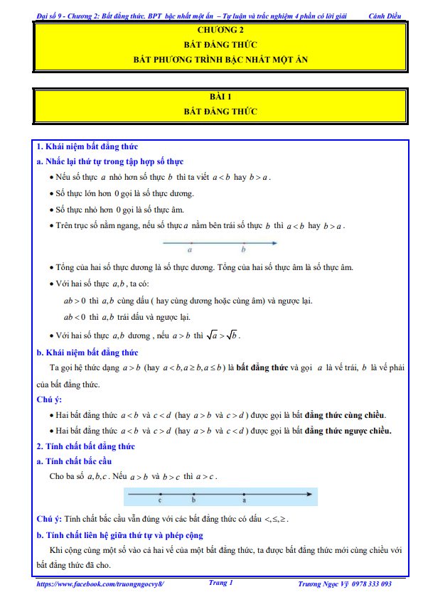 tự luận và trắc nghiệm bất đẳng thức, bất phương trình bậc nhất một ẩn toán 9 cánh diều